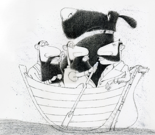 Three men in a boat with a big dog